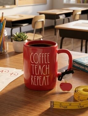 Rae Dunn Coffee Teach Repeat Red Ceramic Mug with Apple A+ Keychain Teacher Gift